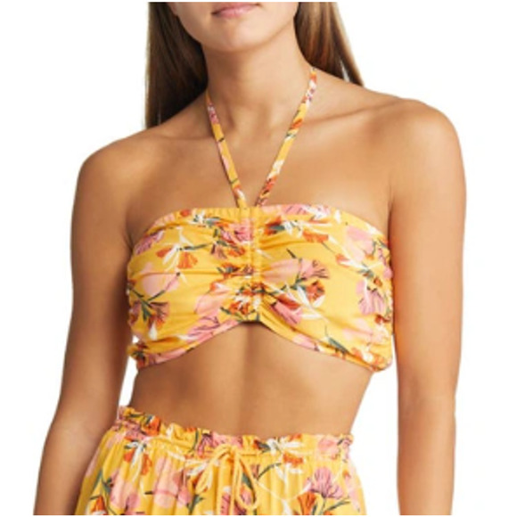 New ~ ROXY ~ Chamois Pressed Flowers Island Hops Bandeau Crop  100% VISCOSE S - Picture 1 of 10